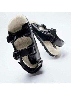 Zara Faux Leather Sherpa Buckle Sandals Chic Cozy Neutral Chunky Black White